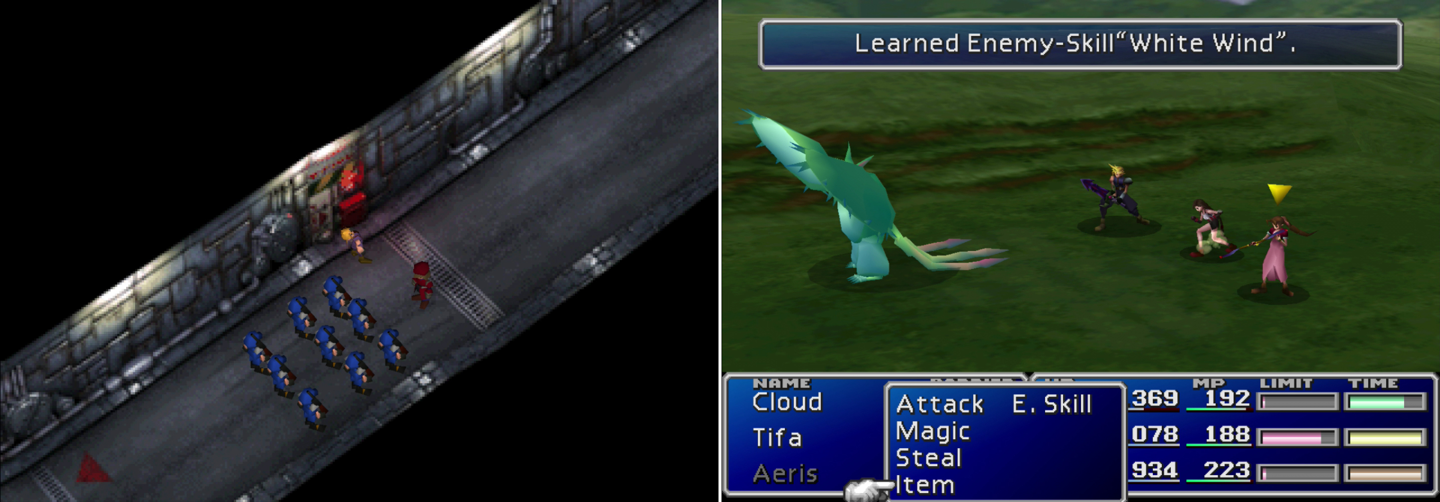 Return to Junon and fiddle with an alarm if you want to fight high-powered foes early (left). The Zemzelett can be Manipulated into casting “White Wind”, quite possibly the best Enemy Skill in the game (right).