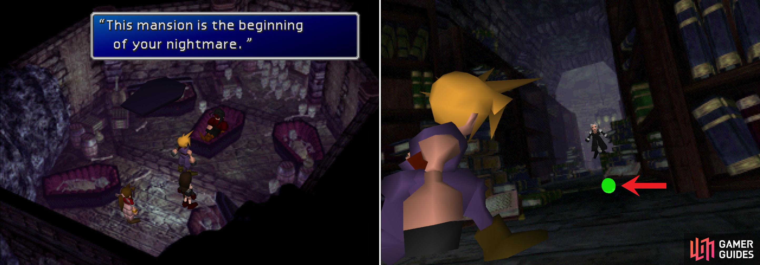 With the “Key to the Basement” in your hands, you can rouse a slumbering sinner in the bowels of the Shinra Mansion (left). If you continue into the offices you’ll have a brief encounter with Sephiroth, who tosses you a piece of Destruct Materia (right).