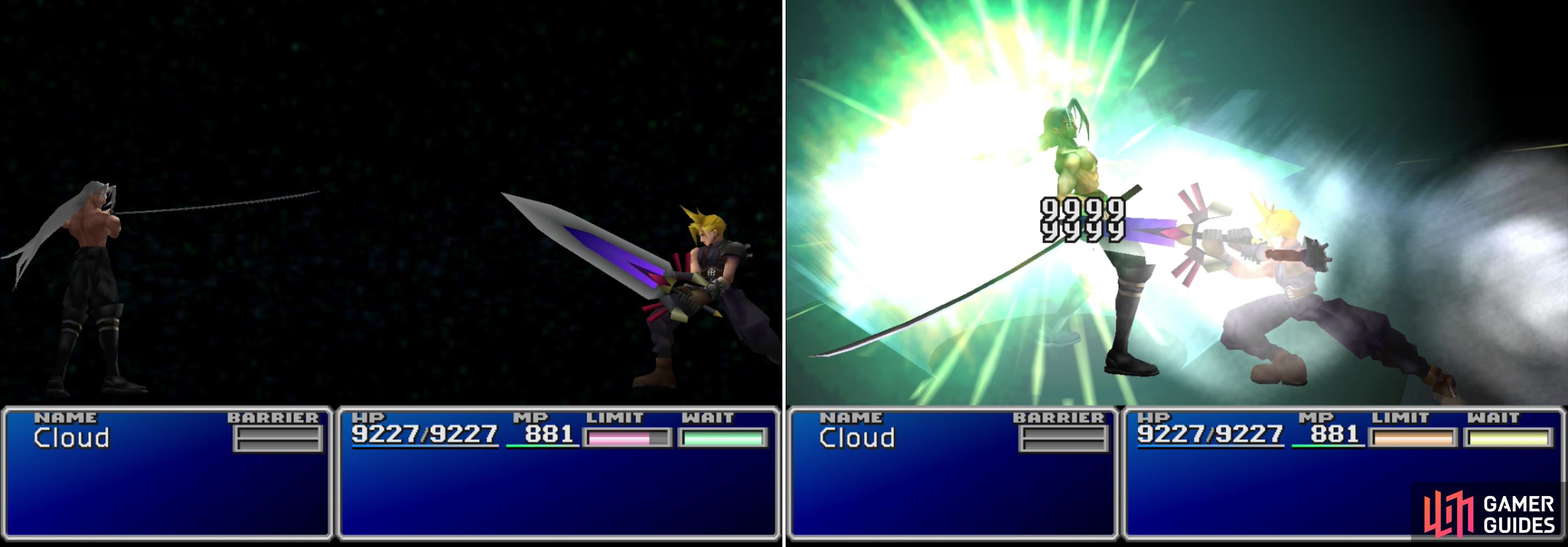 Cloud and Sephiroth will face off one final time (left). After his Limit Meter charges, unleash Cloud’s devastating “Omnislash” Limit Break to finally settle the score (right). This one’s for you, Aeris.