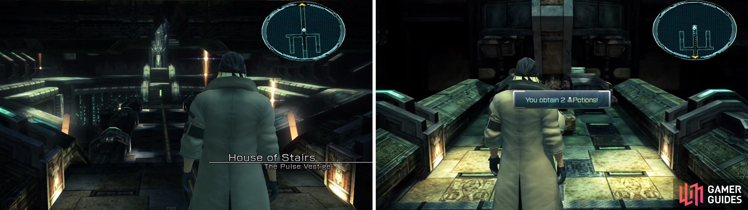 (Left) House of Stairs. (Right) Treasure Sphere with 2x potions directly behind.