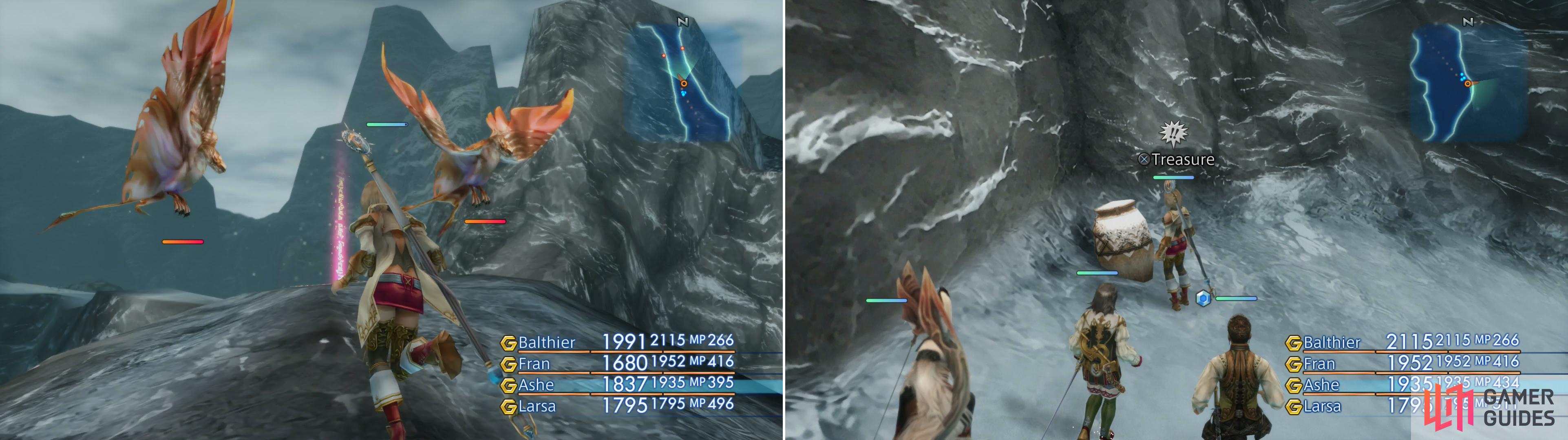 In the Spine of the Icewyrm area you’ll have to pass a trapped stone bridge guarded by Garuda-Egi (left), beyond which you’ll find an urn with the Revive magick inside (right).