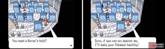Sure, the Nurse will heal your Pokemon, but only after the two of you have duked it out. Typical!