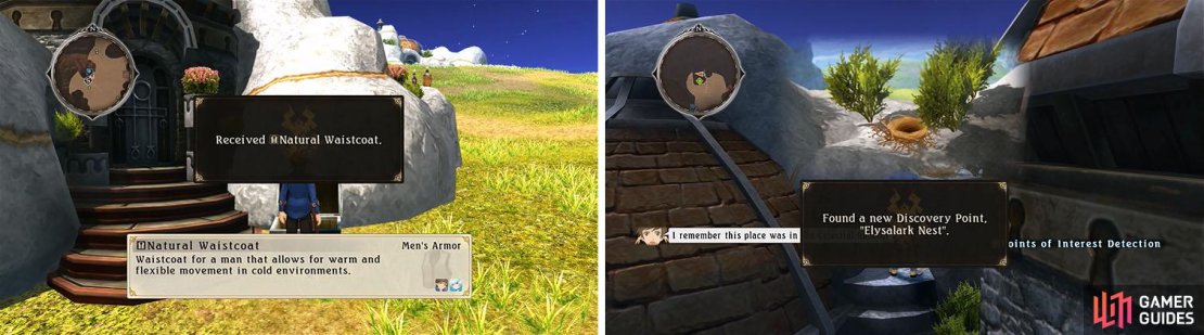 Equip the Natural Waistcoat near Sorey&rsquo;s House (left) and make sure to check the Elysalark Nest discovery for a skit (right).