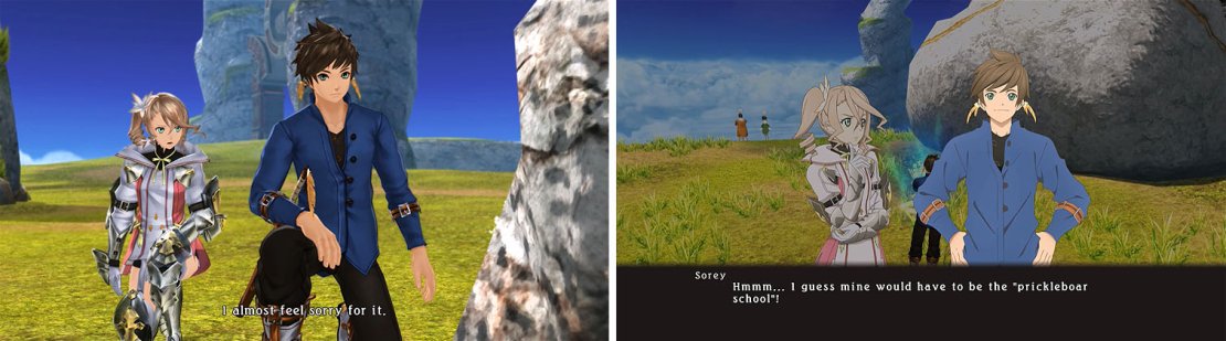 Hunt down the Prickleboar Hides (left) and when you&rsquo;re back in town make sure to stop at the save for a skit (right).