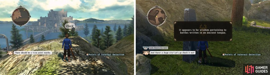 Head toward the cliff&rsquo;s beautiful view for a discovery and skit (left) and continue down the hill to a Monolith (right).