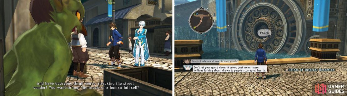 The man in the alley has a Hellion standing behind him, but there isn&rsquo;t anything you can do (left). Make sure to also check the water wheel for a discovery and skit.