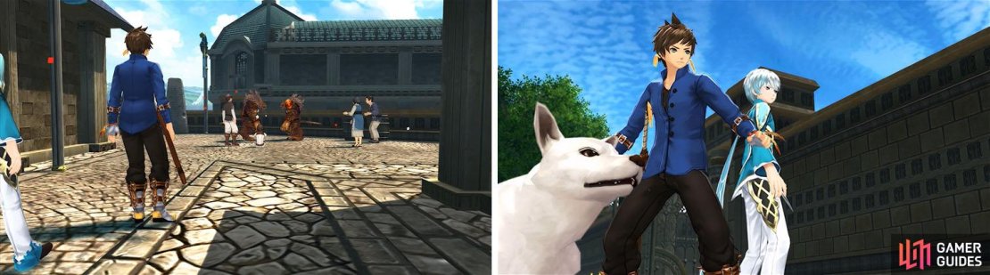 Check the alley behind the fighting hellions for some items (left) before you head to the Noble&rsquo;s District to find the fox man (right).
