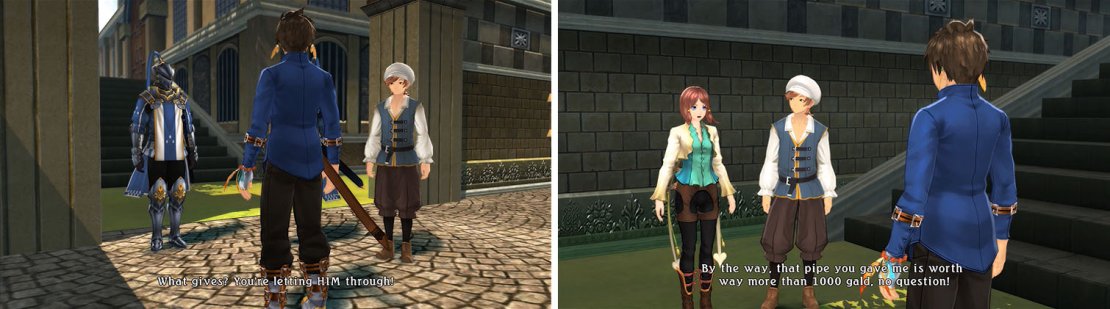 The guard won&rsquo;t let you in (left), so speak with the Sparrowfeathers to get inside. If you give them Gramps&rsquo; Pipe they will tell you to come back later (right).