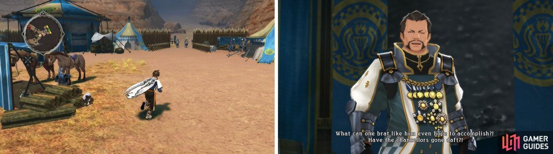 Don’t miss Rangus by the logs (left) before heading to the comman tent (right).