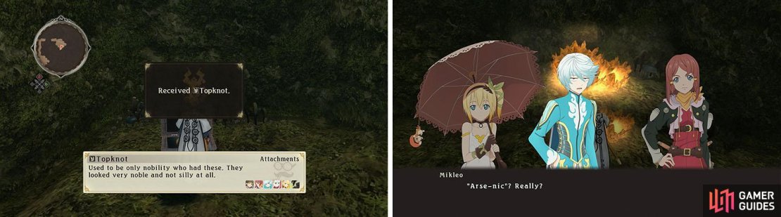 Collect the multiple items in the dead end for a fashion item (left). Not far after you&rsquo;ll reach the Orpiment discovery for a skit (right).