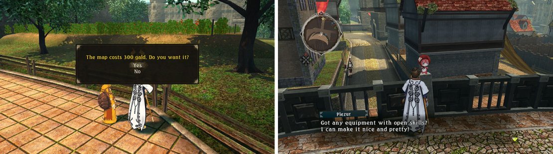 Make sure to purchase the next Adventure Map from the Turtlez (left) and recruit the Normin on the terrace (right).