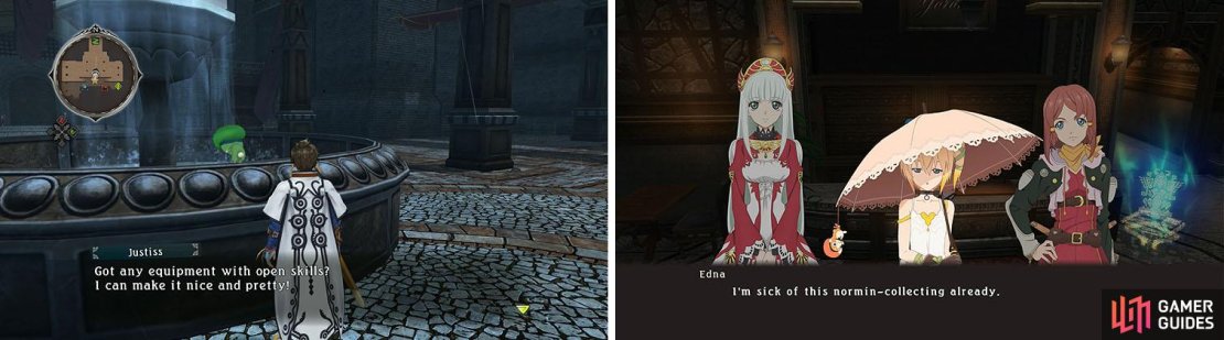 Make sure to get the Normin Justiss on the back of the fountain (left) before heading to the Inn for some skits when resting (right).