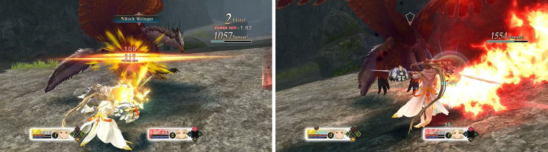 Armatize with Lailah or Edna to maximize your damage (left) and watch out for the Griffin&rsquo;s flame breath attack (right).