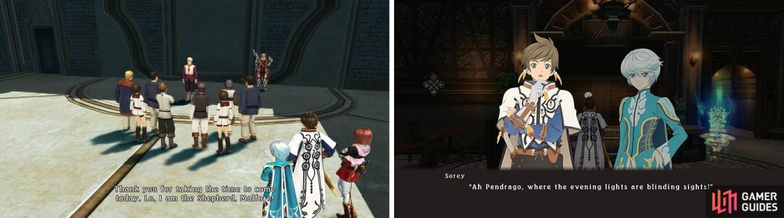 Head to the Amphitheater to meet the fake Shepherd (left). Return to the Inn and rest when you are ready (right).