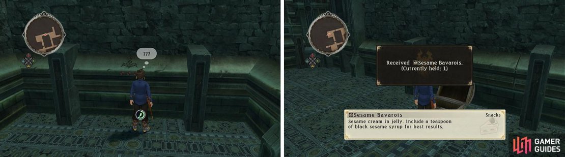 Remove the wall with Silver Flame to find a chest with the Sesame Bavarois.
