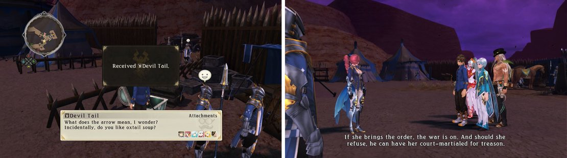 Enter the Hyland camp to collect the silver chest you couldn&rsquo;t open previously (left) and then speak with Maltran for a scene (right).