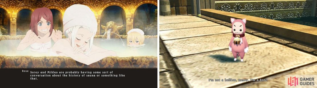 Rest at the Inn for some sauna skits, a mandatory for JRPGs (left) and then head to the alley near Alisha&rsquo;s to find a katz (right).