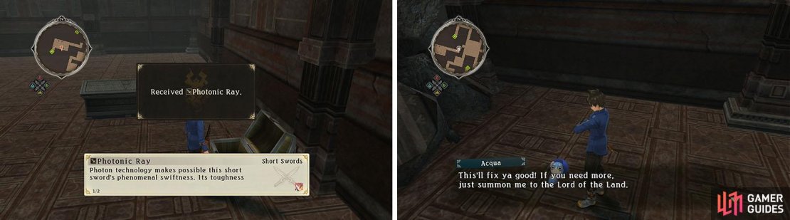 Take the stairs to the dead end with two chests and the Normin Acqua.