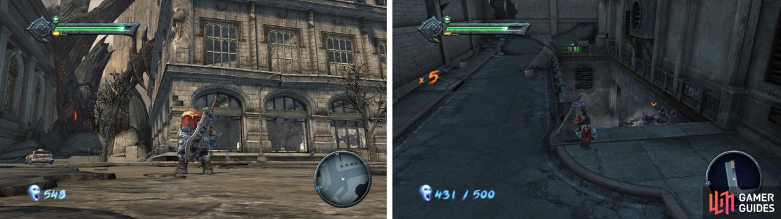 Additional Blue Soul Chests can be found inside the derelict building (left) and down the stairs pictured (right).
