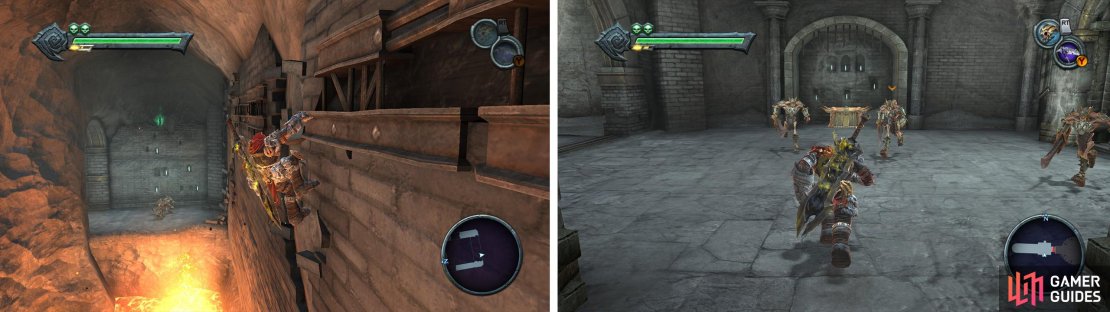 After crossing the gap back jump from the wall to grab the Artefact (left). Clear the room at the end of the hall for the Beholder&rsquo;s Key (right).