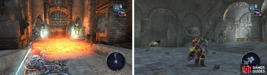 Hit the two crystals with your Cross-blade to create a bridge (left). When you enter the next unlocked door from the main room, kill the enemies before looting the Beholder&rsquo;s Key and a Wrath Shard (right).