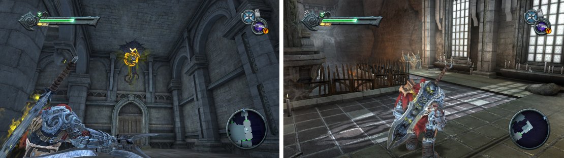 Hit the Demonic Plant with the Cross-blade (left) to enter the door. Inside you&rsquo;ll find a piece of Abyssal Armour (right), a Wrath Core and a Blue Soul Chest.