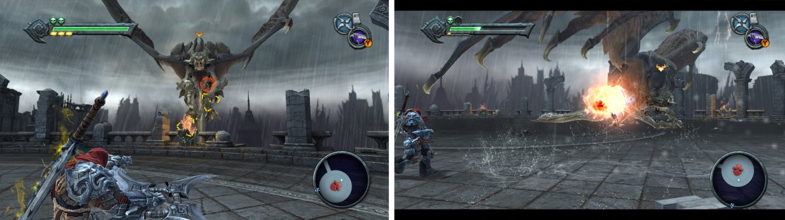 Throw bombs at the boss when you get an opening whilst she&rsquo;s airborne (left). When the boss is on the ground, avoid the fireballs (right) and other attacks.