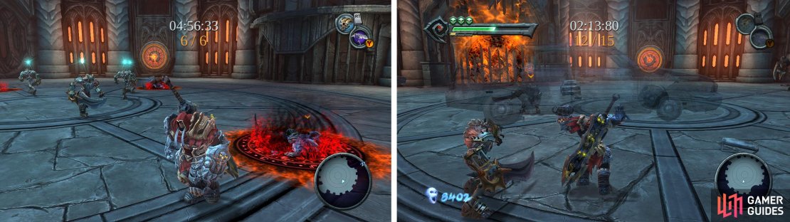 In Challenge 5 keep the soldiers alive by eliminating the enemies closest to them (left). Damage enemies before throwing environmental objects at them during Challenge 6 (right).