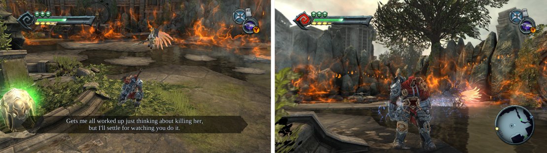 When fighting Uriel, keep your distance and wait for pauses after her attacks (left). You&rsquo;ll want to avoid her spin drop attack (right).