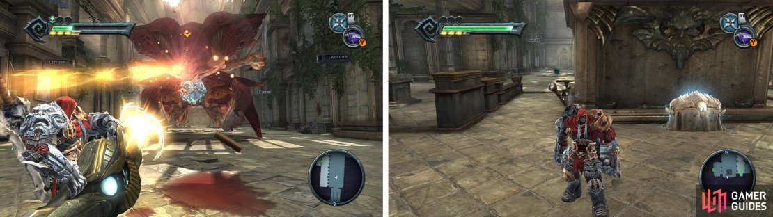 Shoot the boss in the chest until it flees (left). Look behind the clock to find a Blue Soul Chest (right).
