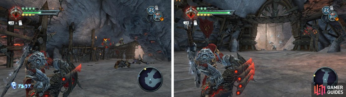 Use the Fractue Cannon to fight through the enemies (left) until you reach the exit (right).