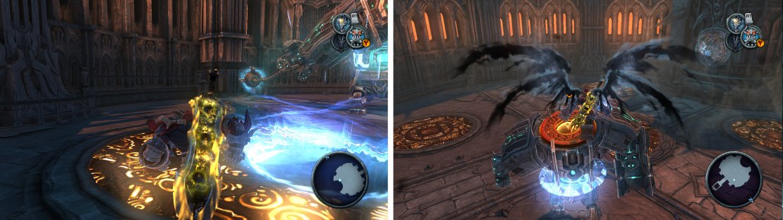 Use the portal pads on the floor (left) to launch yourself and land on the boss&rsquo;s head (right).