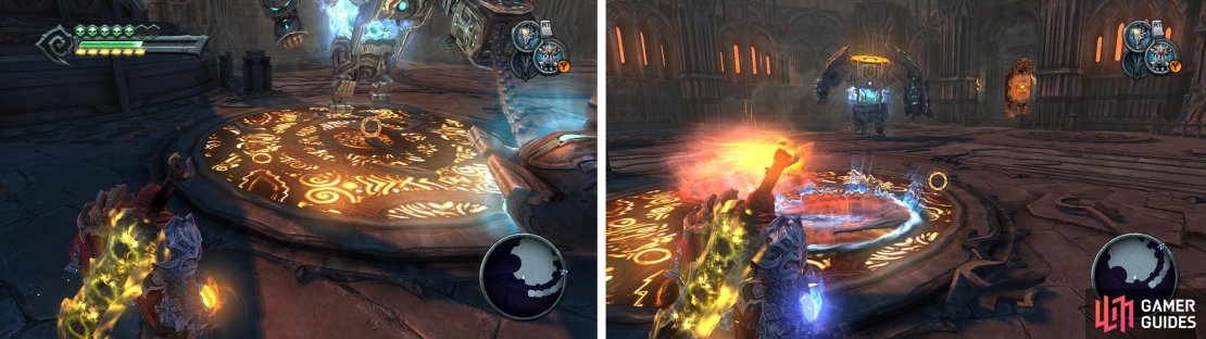 Have the boss destroy the grates covering the portal pads (left) and then use them (right) to launch yourself up to the boss&rsquo;s head again.