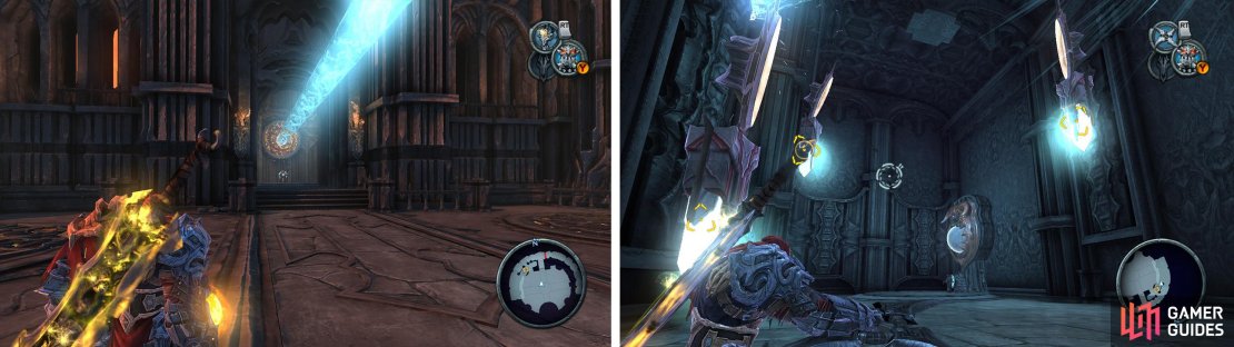 We&rsquo;ll need to re-direct the beam again (left). When you reach the room with the crystals, hit all three with your cross-blade (right) to progress.