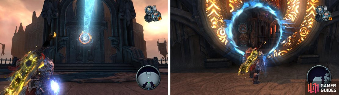 When you arrive outside (left). Activate the first pillar&rsquo;s portal, then activate the second pillar&rsquo;s portal pad through the portal (right) before re-activating the first pillar again.
