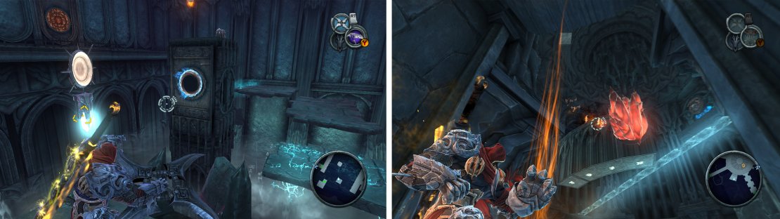 You will need to activate all three crystals at once (left) to exit the room. When you are back in Azrael&rsquo;s prison, find the bomb plant (right) and destroy the red crystals.