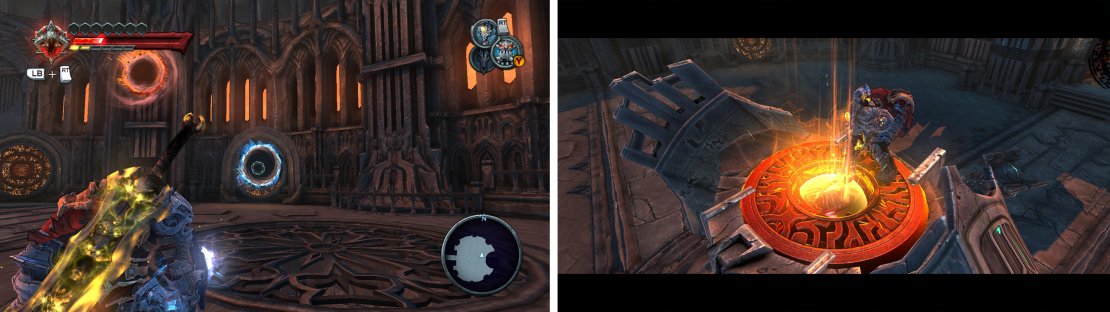 Use the portals as such (left) to drop down on the boss&rsquo;s head (right).