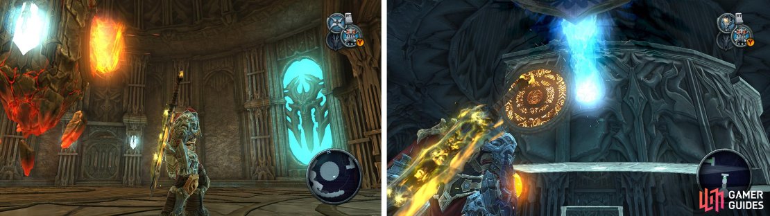 After hitting the chronosphere, hit the crystal on the hanging platform and the two crystals by the door (left). Back in Azrael&rsquo;s chamber, put a portal on the pad that passes by (right).