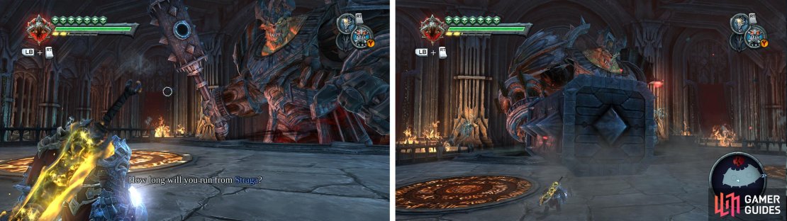 Place a portal on Straga&rsquo;s hammer (left) and use the portal pad on the floor to teleport up to his weak spot. Avoid all of his other attacks by dashing or double jumping (right).
