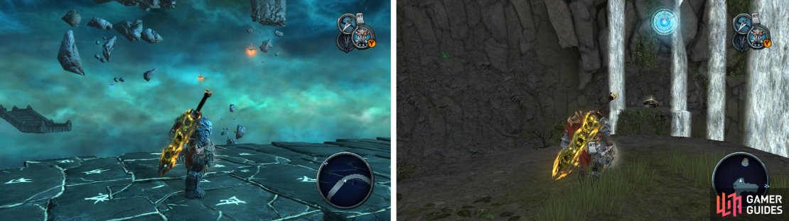 Look for the grapple point halfaw through the serpent hole (left) and follow it to a Wrath Shard. In Anvil’s Ford find the grapple point to the floating island (right) where there is another Wrath Shard.