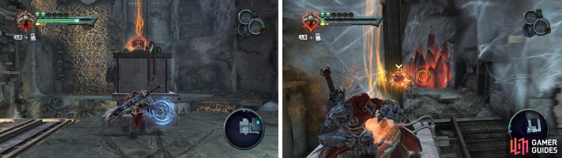 Punch the bomb block across the gap (left). When it reaches the top, use the bomb to blow up the red crystals (right).