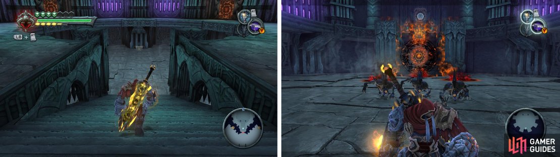 Open the chest (left) to trigger waves of enemies to kill (right).