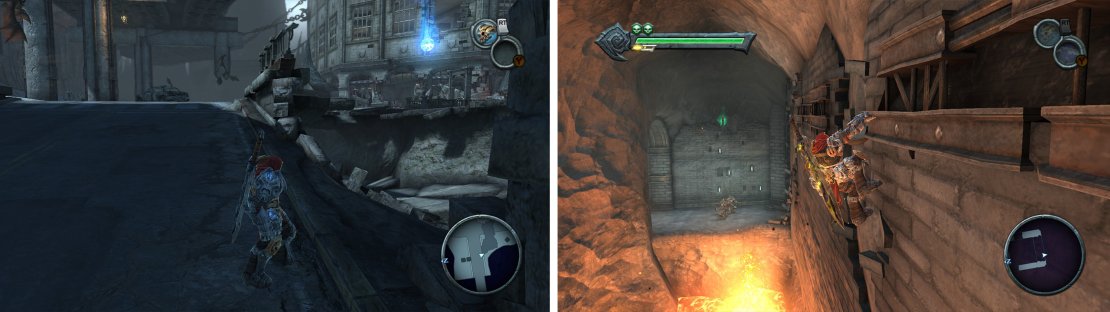 Upon entering the Broken Stair go through the destroyed wall (left) to find an Artefact. In the twilight Cathedral, after crossing this gap back jump from the wall to grab the Artefact (right).
