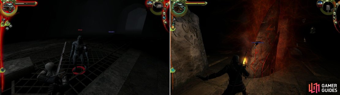 Ghouls might be tough at this point in the game, but a lucky shot from Aard can leave them vulnerable to a coup-de-grace (left). Fight your way through a half-dozen Ghouls to reach the prize: the &ldquo;Circle of Inner Fire&rdquo;, which will teach you the Ingi Sign (right).