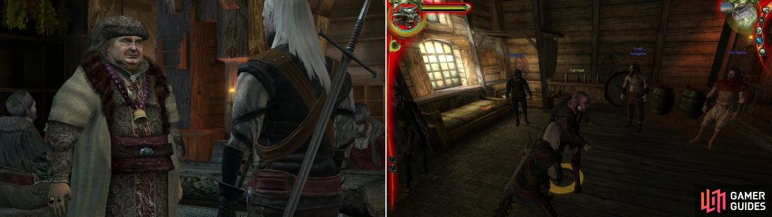 Talk to Declan Leuvaardan to pick up the quest &ldquo;Dead Hand of the Past&rdquo; (left)&hellip; we&rsquo;ll be seeing more of him throughout the game. Once done, defeat the local fist-fighting champion, Fat Fred (right).