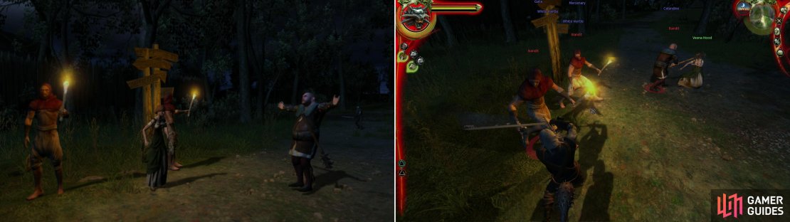 If you wander around at night (after talking to Vesna in the Country Inn) you&rsquo;ll find that she&rsquo;s been found by a bit of trouble (left). Teach these jerks not to rape, Witcher-style (right).