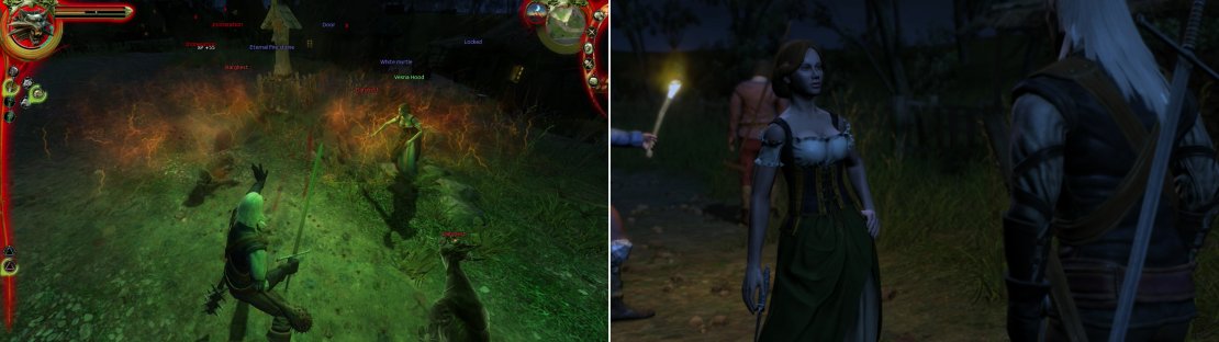 Her humanoid assailants might be dead, but walking around the Outskirts at night isn&rsquo;t exactly safe (left). Do the gentlemanly thing and escort Vesna home-after all, aren&rsquo;t Witcher supposed to protect people from monsters? Asking for a date afterwards, however, is optional (right).