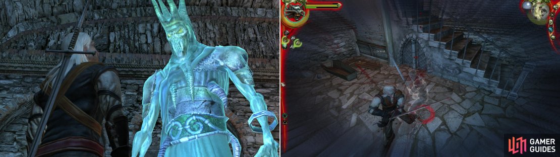 After you place the remains of Leuvaarden&rsquo;s friend, you&rsquo;ll be accosted by the King of the Wild Hunt (left) who waxes fatalistically before summoning the ghost of Leo to battle you (right).