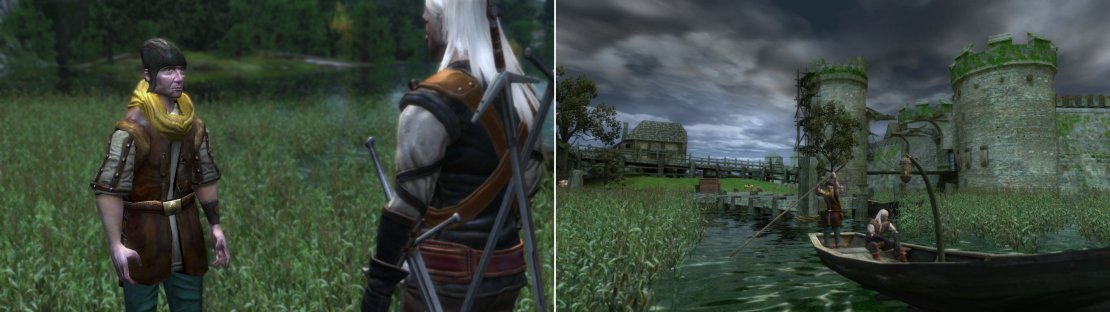 When you&rsquo;re ready, pay the Ferryman his Orens (left), and travel to the Swamp Forest (right).