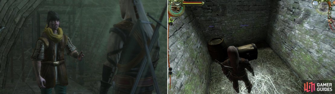 Agree to help the Con Man with a little grave-robbing (left) and recover your confiscated gear from the Dungeon (right)&hellip; or at least what&rsquo;s left of it.